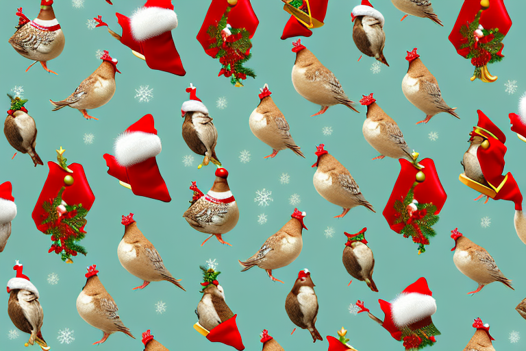 various Christmas symbols such as a partridge in a pear tree, two turtle doves, three French hens, and other gifts mentioned in the song, all arranged in a festive, historical setting, to depict the 12 days of Christmas and the song's history, hand-drawn abstract illustration for a company blog, in style of corporate memphis, faded colors, white background, professional, minimalist, clean lines