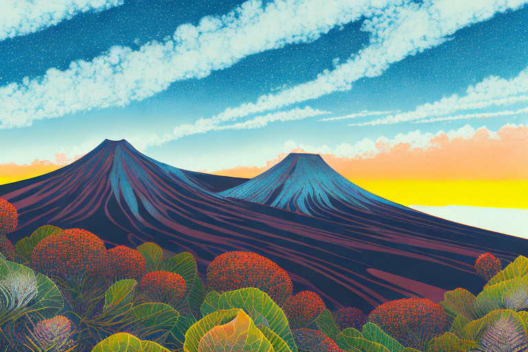 the breathtaking Haleakalā National Park, showcasing its massive volcano, unique silversword plants, and the vibrant sunset over its rugged landscape, hand-drawn abstract illustration for a company blog, in style of corporate memphis, faded colors, white background, professional, minimalist, clean lines