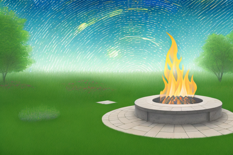 a DIY fire pit in a serene outdoor setting, surrounded by comfortable seating and lush greenery, with a hint of a starry night sky in the background, hand-drawn abstract illustration for a company blog, in style of corporate memphis, faded colors, white background, professional, minimalist, clean lines