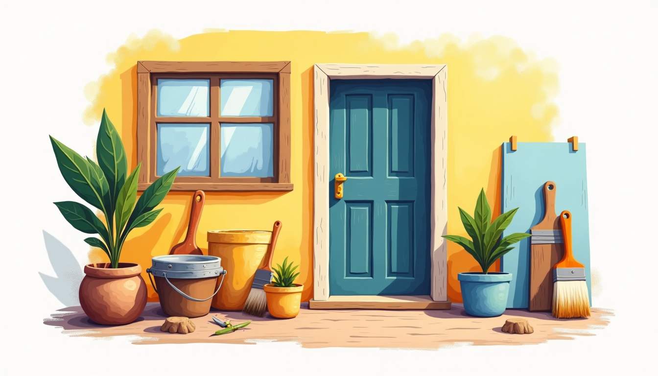 a cozy home setting featuring an open door, freshly painted walls in vibrant colors, and various carpentry tools like a saw, hammer, and paintbrush arranged artistically to convey the theme of trusted home maintenance, hand-drawn abstract illustration for a company blog, white background, professional, minimalist, clean lines, faded colors