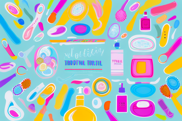 a vibrant, colorful bathroom scene filled with various kid-friendly toiletry items like brightly colored toothbrushes, fun-shaped soaps, and fruity scented shampoo bottles, all placed neatly on a sink counter, hand-drawn abstract illustration for a company blog, in style of corporate memphis, faded colors, white background, professional, minimalist, clean lines