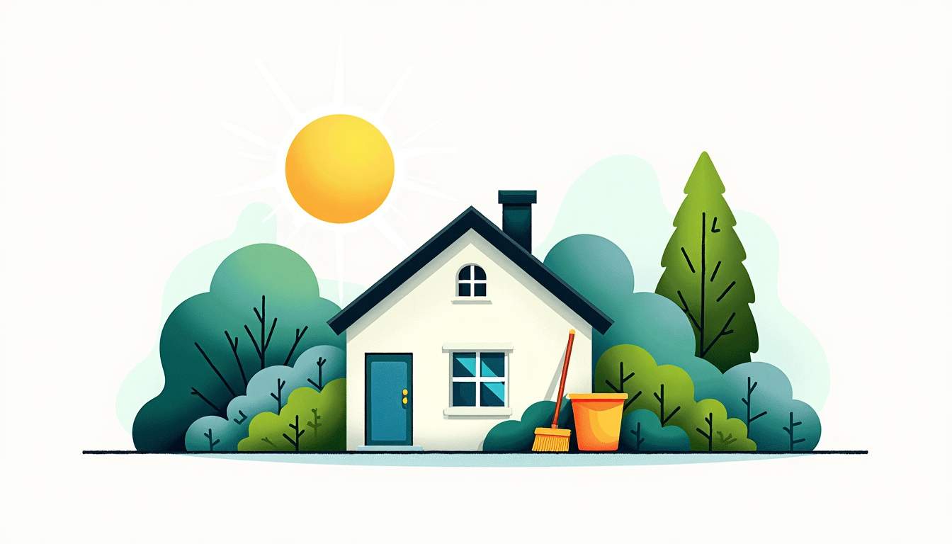 a sparkling, pristine property surrounded by lush greenery, with a shining sun overhead and a few cleaning tools like a mop, broom, and bucket artfully arranged in the foreground to emphasize the theme of cleanliness and care, hand-drawn abstract illustration for a company blog, white background, professional, minimalist, clean lines, faded colors