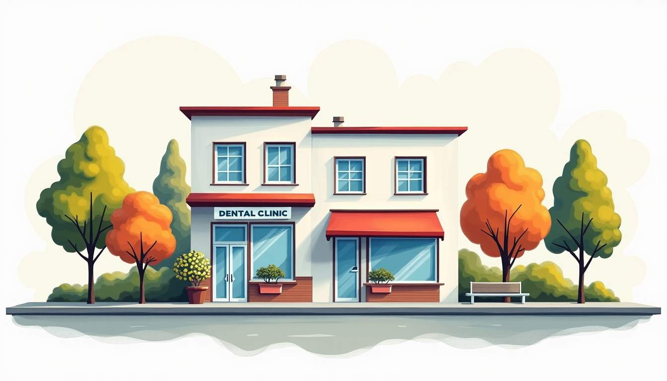 an inviting dental clinic surrounded by community elements like a park, local shops, and trees, emphasizing a warm and welcoming atmosphere that reflects the connection between the clinic and the neighborhood, hand-drawn abstract illustration for a company blog, white background, professional, minimalist, clean lines, faded colors