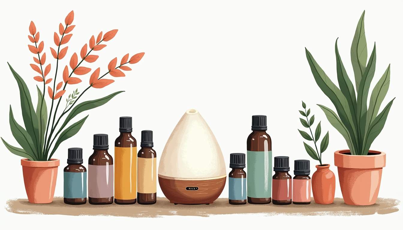 a beautifully arranged selection of various essential oil diffusers surrounded by colorful essential oil bottles and aromatic plants, set in a cozy home environment to evoke a sense of tranquility and wellness, hand-drawn abstract illustration for a company blog, white background, professional, minimalist, clean lines, faded colors