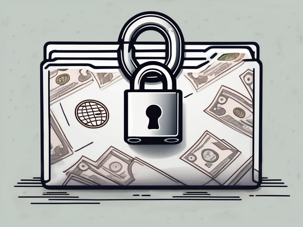 a padlock securing a file folder, with symbols of currency (like dollar, euro, yen signs) embossed on the folder, representing a secure financial identity, hand-drawn abstract illustration for a company blog, white background, professional, minimalist, clean lines, faded colors