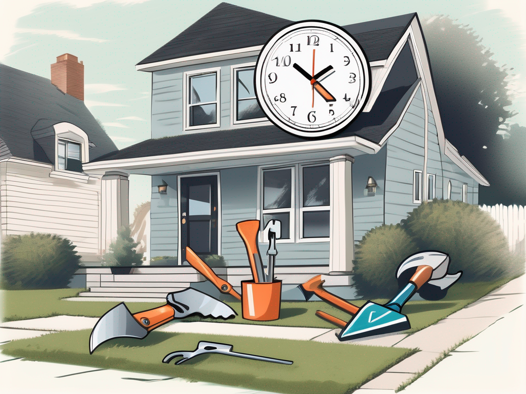 a house with a for-sale sign on the lawn, a clock showing a specific time, and various home improvement tools scattered around, indicating pre-listing fixes, hand-drawn abstract illustration for a company blog, white background, professional, minimalist, clean lines, faded colors