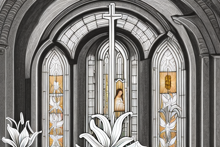 a Catholic church with its doors open revealing light, with a lily flower in the foreground to symbolize the Feast of the Annunciation, hand-drawn abstract illustration for a company blog, in style of corporate memphis, faded colors, white background, professional, minimalist, clean lines