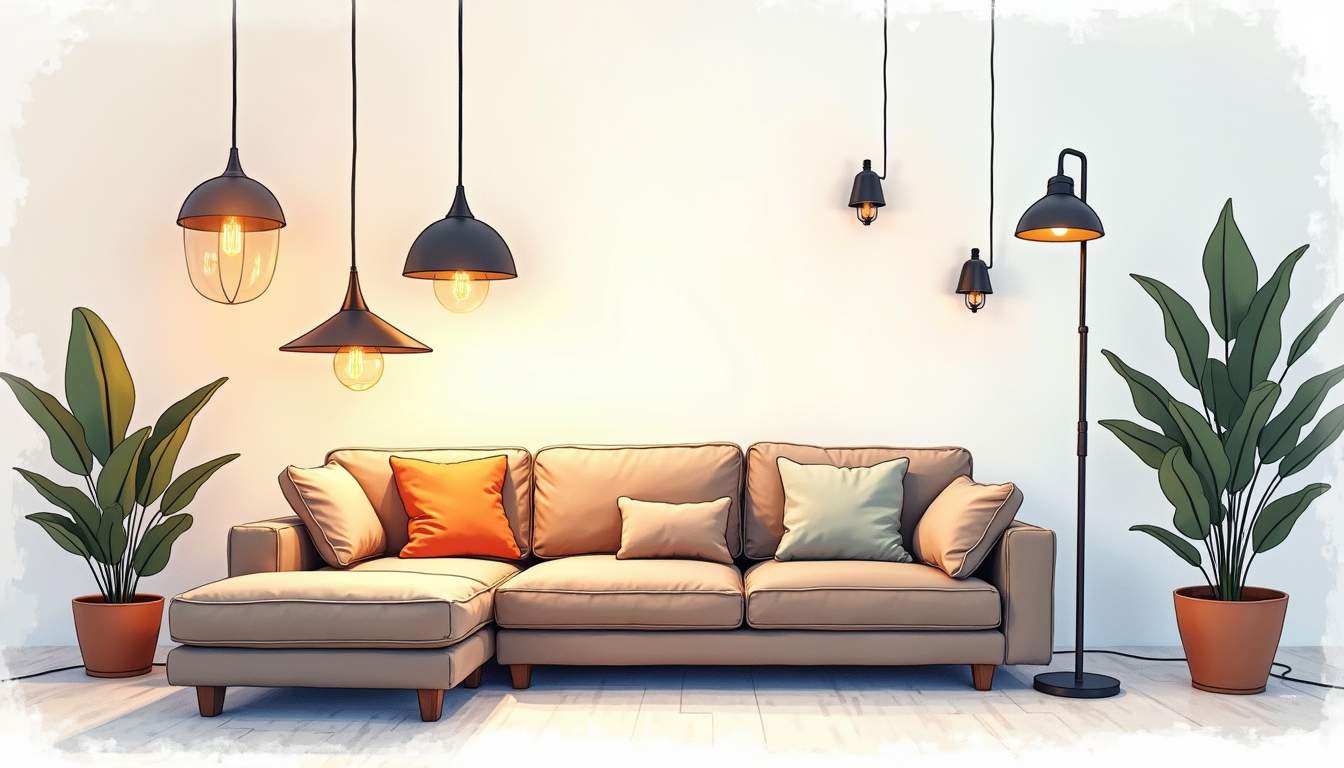 a cozy interior space showcasing a variety of layered lighting sources, such as pendant lights, floor lamps, and wall sconces, highlighting the interplay of warm and cool tones to create a harmonious atmosphere, hand-drawn abstract illustration for a company blog, white background, professional, minimalist, clean lines, faded colors