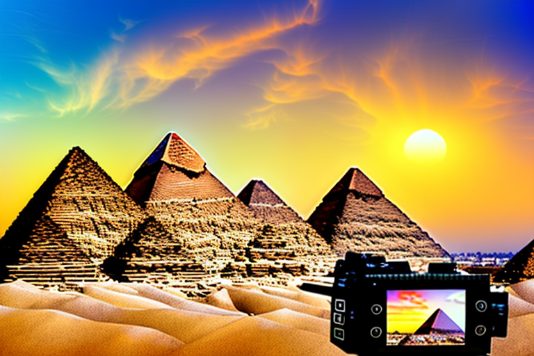 the iconic Pyramids of Giza with a vibrant sunset in the background, and a camera on a tripod in the foreground capturing the scene, hand-drawn abstract illustration for a company blog, in style of corporate memphis, faded colors, white background, professional, minimalist, clean lines