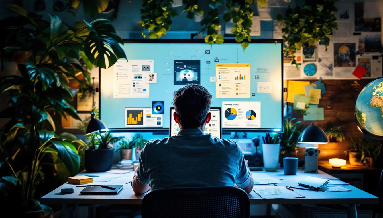 Person som analyserer data og bruker kunstig intelligens i konsentrert digitalt arbeid