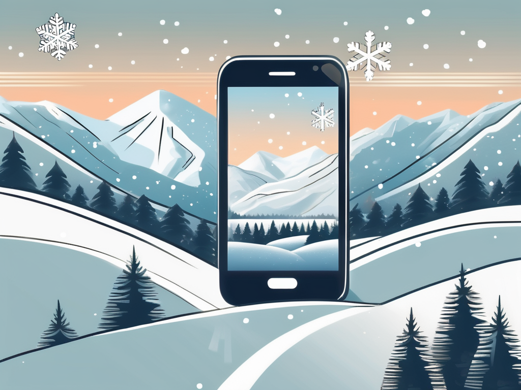 a snow-covered Canadian landscape with a highlighted smartphone displaying a snowflake symbol, symbolizing the Snow Day Predictor, hand-drawn abstract illustration for a company blog, white background, professional, minimalist, clean lines, faded colors