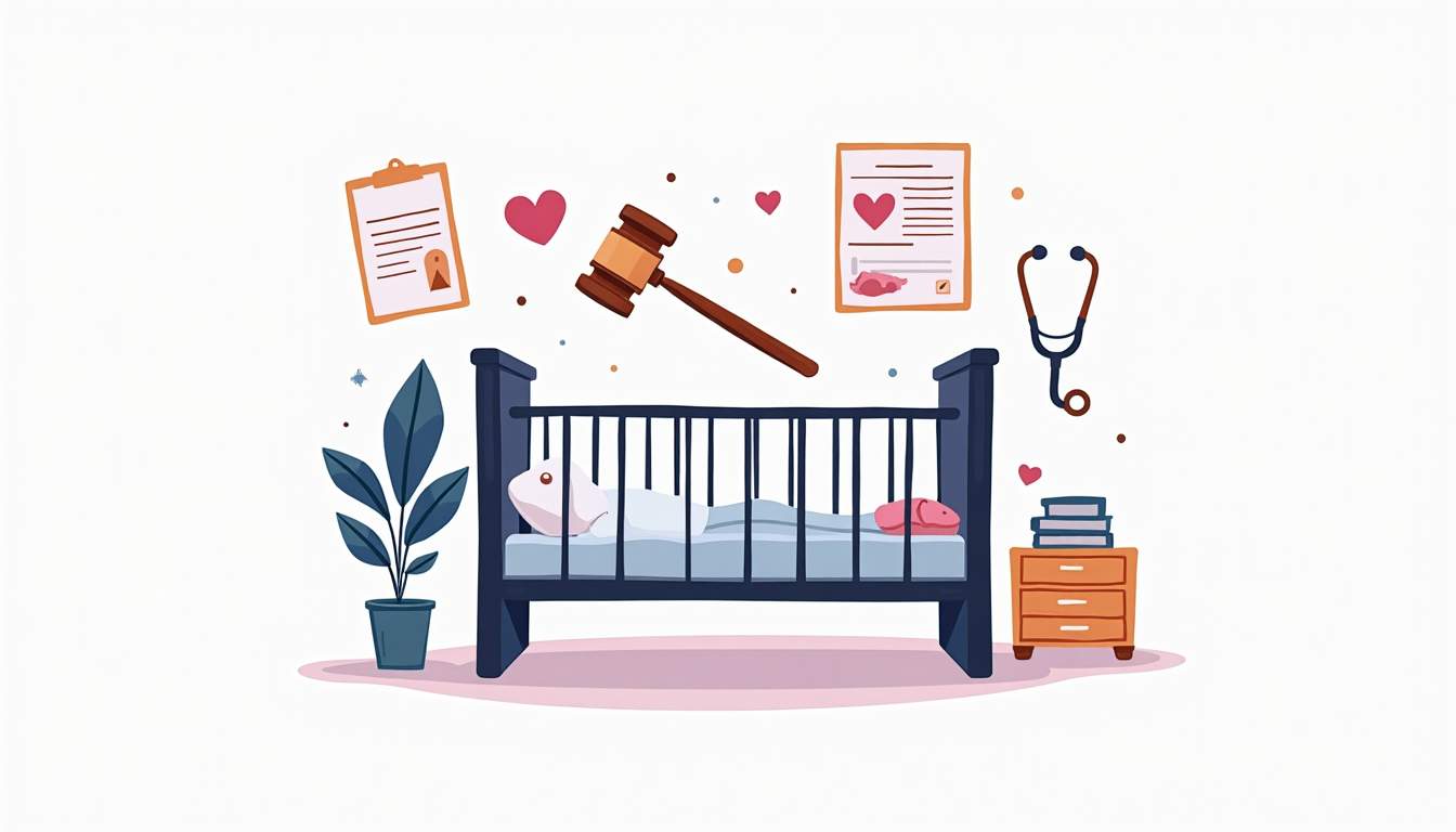an abstract representation of a hospital setting, featuring a stylized depiction of a newborn's crib surrounded by symbolic elements like medical charts, a gavel, and a stethoscope, to convey the themes of care, legal support, and the complexities of birth injuries, hand-drawn abstract illustration for a company blog, white background, professional, minimalist, clean lines, faded colors