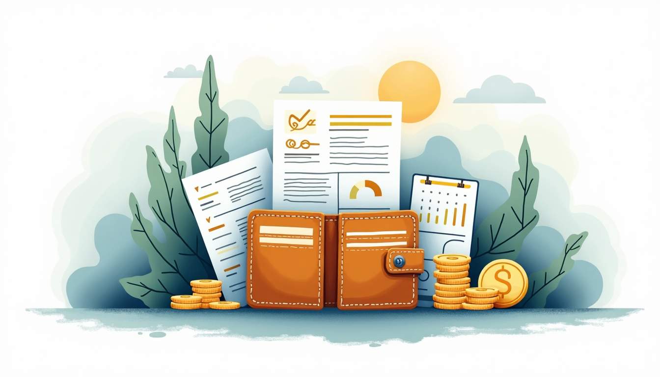 an open wallet surrounded by various financial documents, such as a budget sheet, investment plans, and a calendar marked with important financial deadlines, all set against a backdrop of a serene landscape symbolizing new beginnings, hand-drawn abstract illustration for a company blog, white background, professional, minimalist, clean lines, faded colors