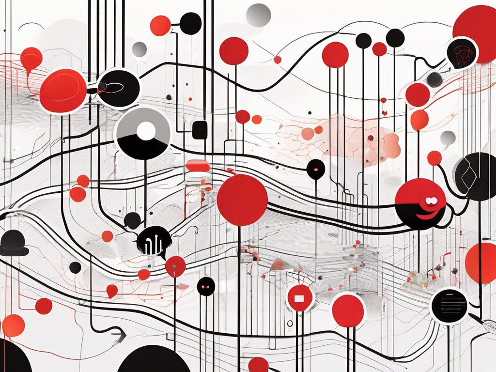 an abstract digital landscape featuring vibrant, interconnected nodes and pathways representing the diverse content and community of InternetChicks.com, with elements like chat bubbles, video icons, and social media symbols woven throughout, hand-drawn abstract illustration for a company blog, white background, professional, minimalist, clean lines, red, white, and black
