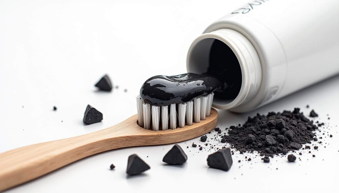 an open tube of charcoal toothpaste with a dollop of the black paste on a toothbrush, surrounded by sparkling white teeth and a few charcoal pieces to emphasize the whitening effect, hand-drawn abstract illustration for a company blog, white background, professional, minimalist, clean lines, faded colors