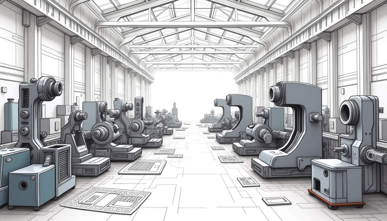 an intricate metal fabrication workshop filled with advanced machinery, showcasing various complex metal components in different stages of production, surrounded by blueprints and tools that highlight the precision and expertise involved in the fabrication process, hand-drawn abstract illustration for a company blog, white background, professional, minimalist, clean lines, faded colors