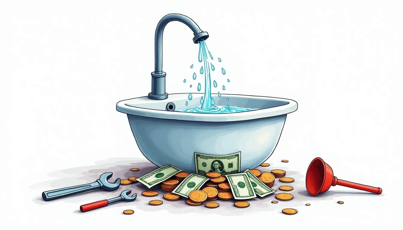 an overflowing sink with water cascading down into a pile of coins and dollar bills, surrounded by small plumbing tools like a wrench and a plunger, to visually represent the financial impact of neglecting minor plumbing issues, hand-drawn abstract illustration for a company blog, white background, professional, minimalist, clean lines, faded colors