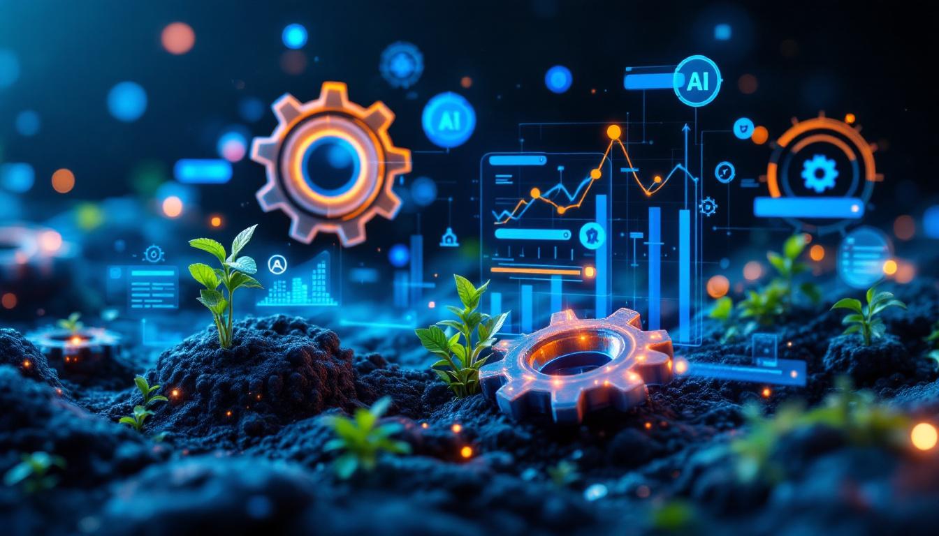 Et digitalt landskap som kombinerer natur og teknologi, der grønne spirer vokser opp fra jorden omgitt av glødende tannhjul og datagrafer. Bildet symboliserer vekst, innovasjon og samspillet mellom kunstig intelligens, dataanalyse og bærekraftig utvikling.