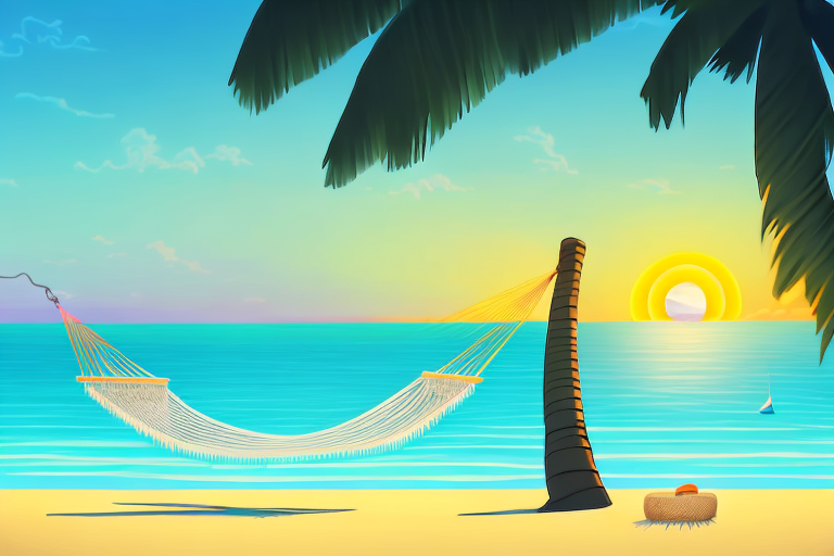 a serene landscape featuring a tranquil beach with a hammock hanging between two palm trees, a suitcase nearby, and a sunset in the background, symbolizing the peace and relaxation that comes from travel, hand-drawn abstract illustration for a company blog, in style of corporate memphis, faded colors, white background, professional, minimalist, clean lines