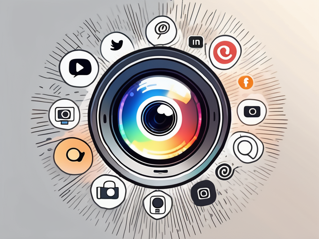 a camera lens focusing on various social media icons, with rays of light passing through it, symbolizing the exposure in photography, hand-drawn abstract illustration for a company blog, white background, professional, minimalist, clean lines, faded colors