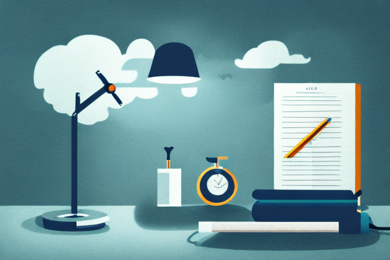a psychologist's office tools such as a couch, a notepad, a desk lamp, and an hourglass, surrounded by dark, heavy clouds starting to dissipate, symbolizing the lifting of burnout under the guidance of a psychologist, hand-drawn abstract illustration for a company blog, in style of corporate memphis, faded colors, white background, professional, minimalist, clean lines