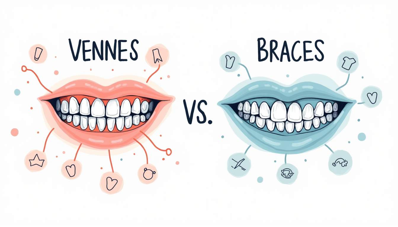 an abstract comparison chart that visually contrasts veneers and braces, using icons or symbols to represent each option, along with elements that depict various dental goals such as straightness, brightness, and alignment, hand-drawn abstract illustration for a company blog, white background, professional, minimalist, clean lines, faded colors