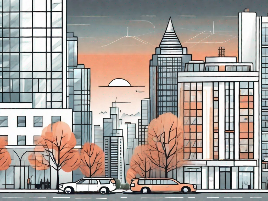a city skyline, distinctly featuring a modern hotel and an apartment building side by side, each surrounded by city life elements like parks, cafes, and public transportation, hand-drawn abstract illustration for a company blog, white background, professional, minimalist, clean lines, faded colors