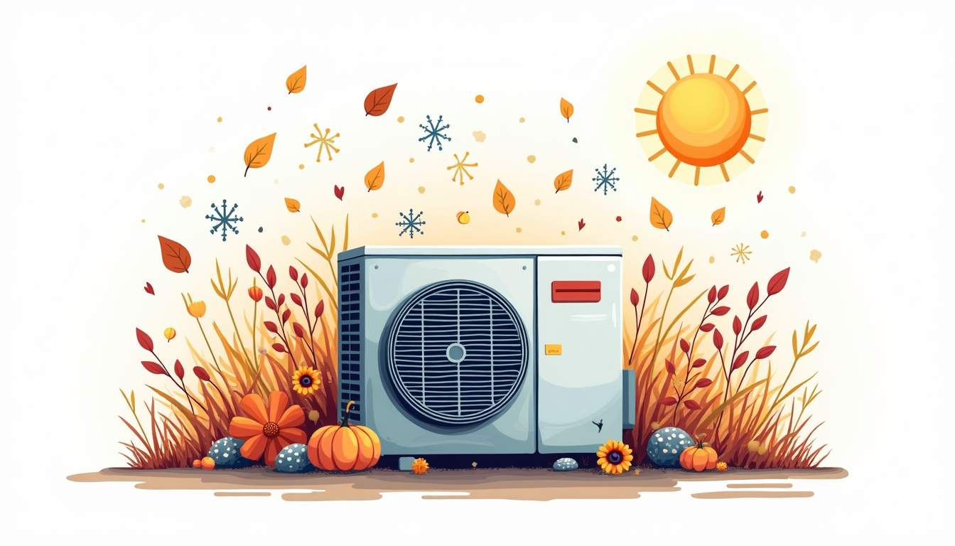 an air conditioning unit surrounded by a variety of seasonal elements, such as autumn leaves, winter snowflakes, spring flowers, and summer sun, to symbolize the importance of regular maintenance throughout the year, hand-drawn abstract illustration for a company blog, white background, professional, minimalist, clean lines, faded colors