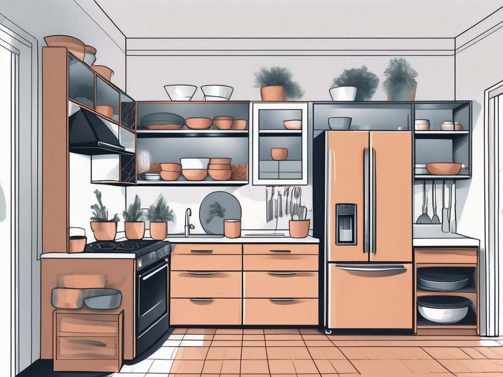 a kitchen showcasing various cabinets in different states of care, such as one being cleaned, another one with open doors showing organized items inside, and a third one with protective mats on the shelves, hand-drawn abstract illustration for a company blog, white background, professional, minimalist, clean lines, faded colors