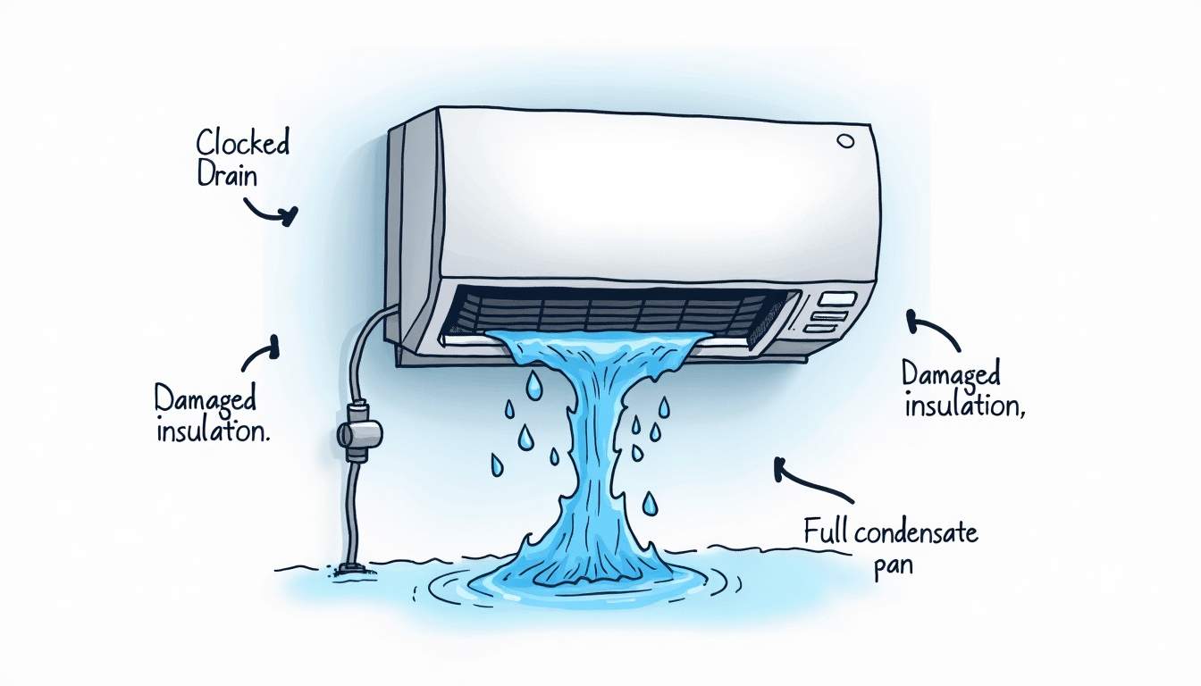 an air conditioning unit with visible water dripping from it, surrounded by common causes of leaks such as a clogged drain line, damaged insulation, and a full condensate pan, all depicted in a clear and informative style, hand-drawn abstract illustration for a company blog, white background, professional, minimalist, clean lines, faded colors
