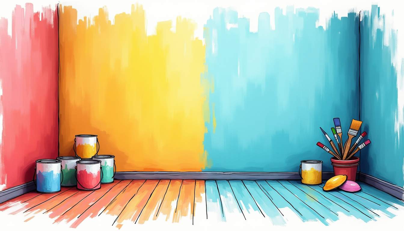 a vibrant room transformation, showcasing a before-and-after scene where one side features dull, faded walls and the other side bursts with lively colors, incorporating elements like paint cans, brushes, and swatches to emphasize the transformative power of a fresh coat of paint, hand-drawn abstract illustration for a company blog, white background, professional, minimalist, clean lines, faded colors