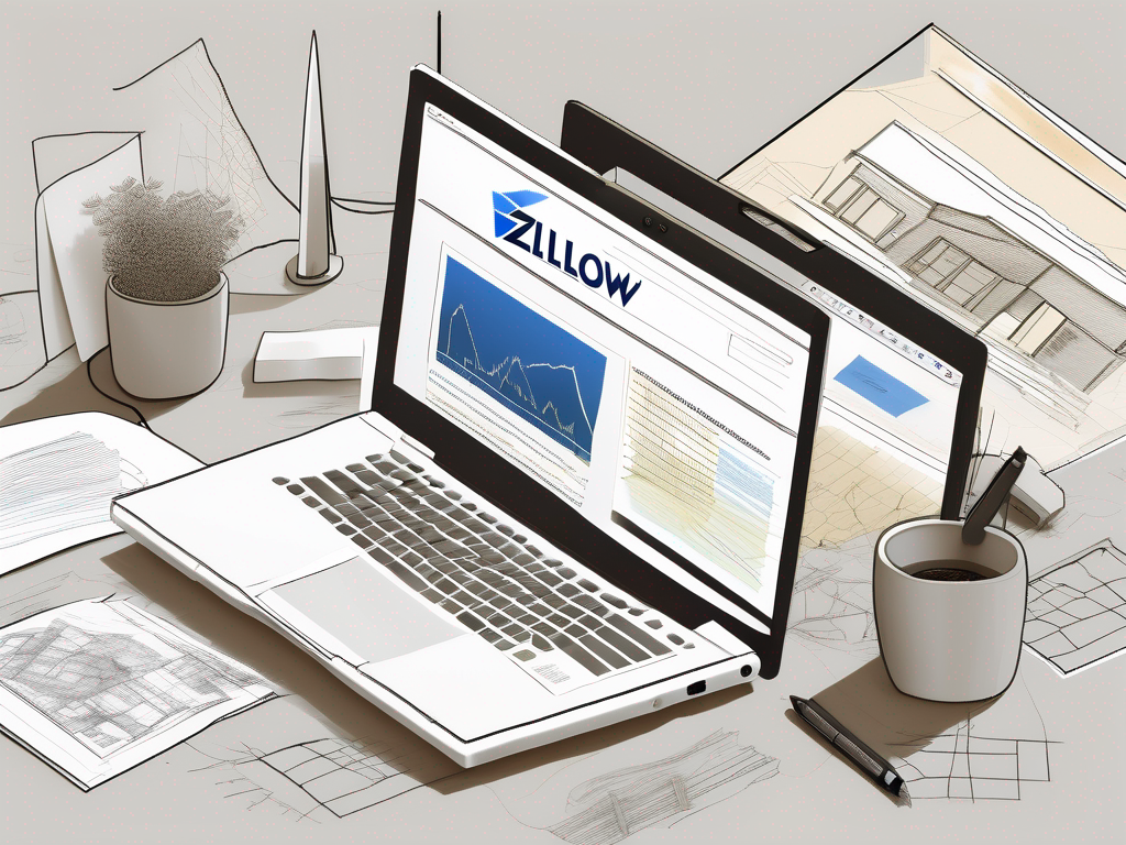 a computer screen displaying the Zillow website with various real estate documents like a deed, mortgage papers, and a sales contract scattered around it, hand-drawn abstract illustration for a company blog, white background, professional, minimalist, clean lines, faded colors