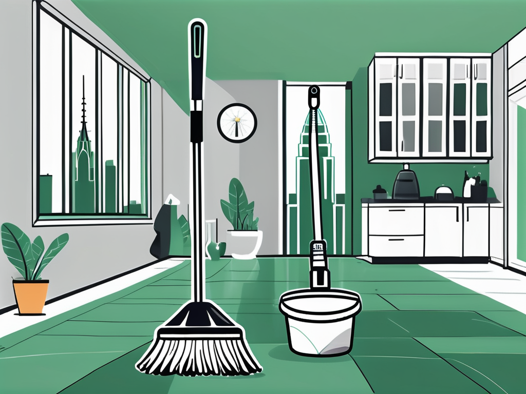 a pristine, sparkling clean home interior, with a feather duster, mop, bucket, and vacuum cleaner, symbolizing maid services, with the backdrop of famous Orlando landmarks like the Cinderella Castle and the Orlando Eye, hand-drawn abstract illustration for a company blog, white background, professional, minimalist, clean lines, forest green and gray