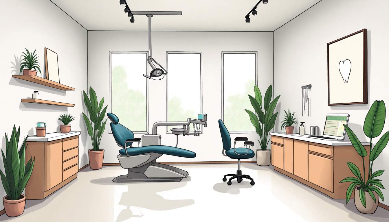 an inviting dental clinic interior, featuring a comfortable waiting area with a reception desk, dental chairs, and dental tools neatly arranged, along with calming decor elements like plants and artwork to create a welcoming atmosphere, hand-drawn abstract illustration for a company blog, white background, professional, minimalist, clean lines, faded colors