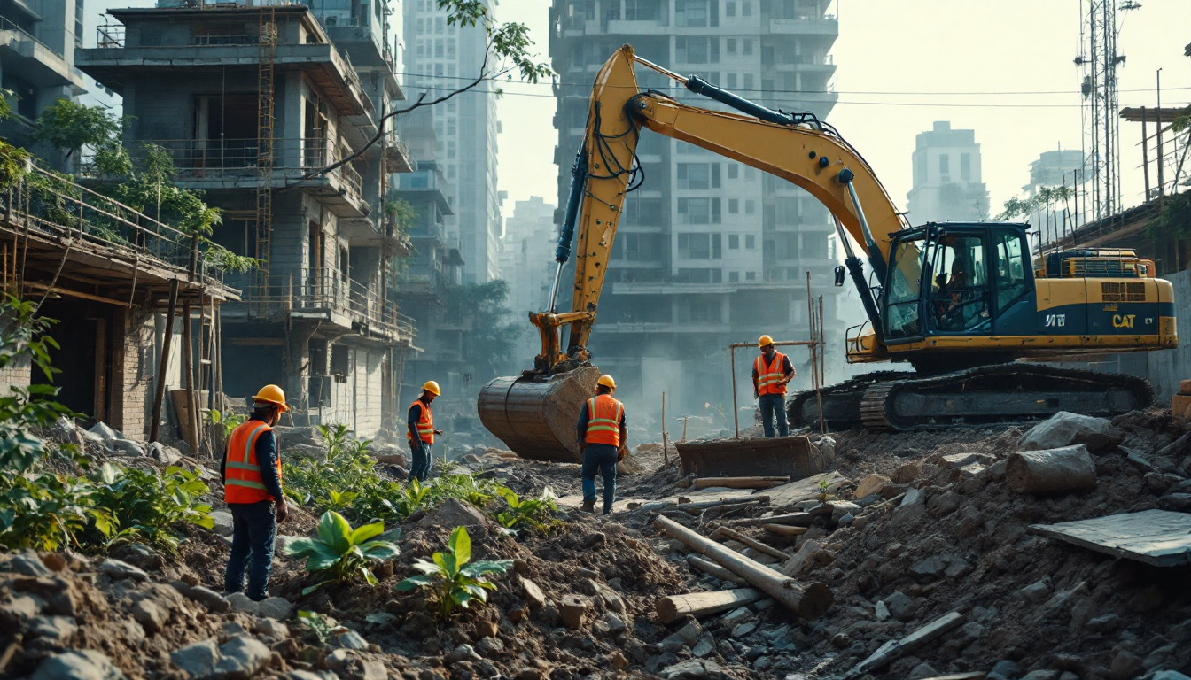 A bulldoser crane amongst rubble in a city with orange-vested workers around