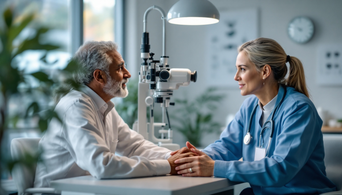a photograph of a patient consulting with an eye surgeon in a modern clinic setting, highlighting the professionalism and care involved in the cataract surgery process, while also showcasing visual elements like eye charts or surgical tools to emphasize the theme of clear vision and medical expertise, photographic, realistic, for a startup's blog, low saturation, life-like realistic soft lighting 4k sigma 50mm f2.8