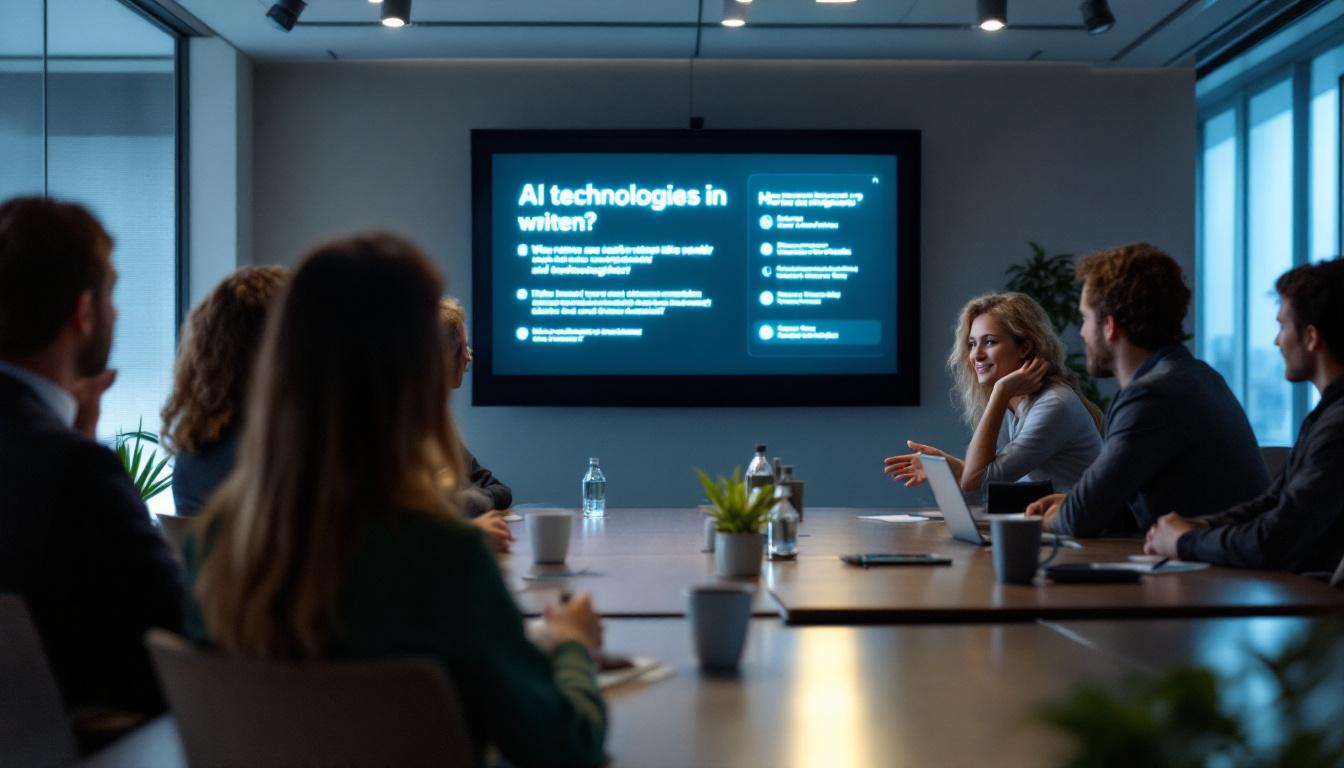 Gruppe i møte­rom som diskuterer hvordan kunstig intelligens påvirker arbeidsmarkedet i Norge, med presentasjon på skjerm i bakgrunnen.