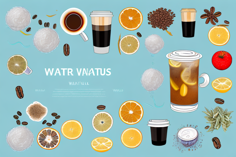 various foods, drinks, and natural remedies such as water, fruits, coffee, and herbal tea, which are known to prevent hangovers, arranged in a visually appealing layout, hand-drawn abstract illustration for a company blog, in style of corporate memphis, faded colors, white background, professional, minimalist, clean lines