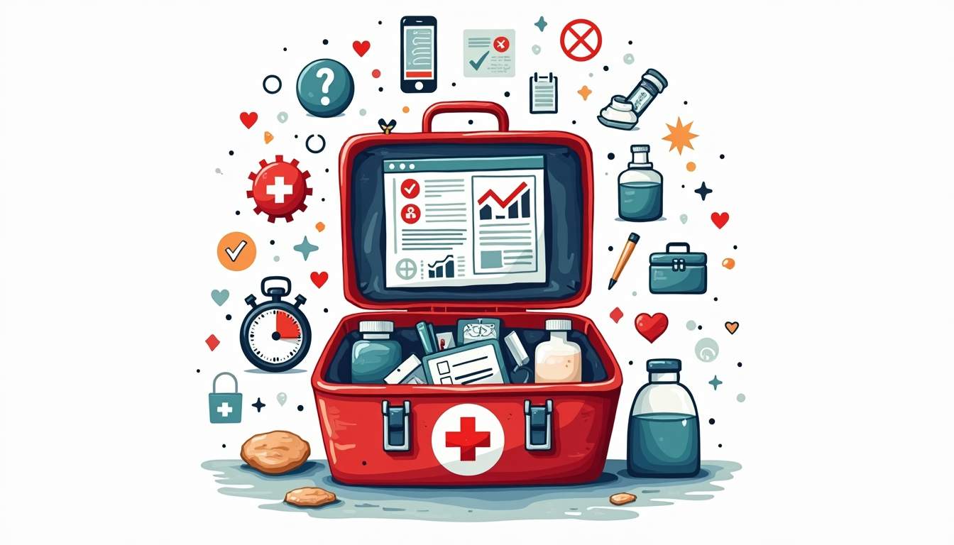 an open first aid kit filled with various medical supplies, surrounded by icons or symbols representing training and preparedness, such as a checklist, a stopwatch, and a safety manual, hand-drawn abstract illustration for a company blog, white background, professional, minimalist, clean lines, faded colors