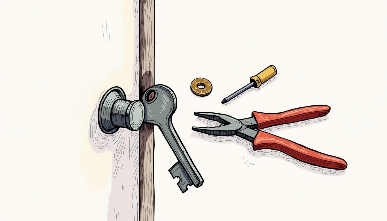 a close-up view of a door lock with a broken key partially inserted, surrounded by tools like pliers and a screwdriver, set against a simple background to emphasize the lock's details, hand-drawn abstract illustration for a company blog, white background, professional, minimalist, clean lines, faded colors