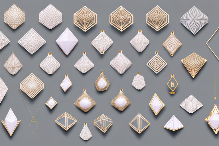 various geometrically designed porcelain jewelry pieces like necklaces, earrings, and rings, displayed on a minimalist background, hand-drawn abstract illustration for a company blog, in style of corporate memphis, faded colors, white background, professional, minimalist, clean lines