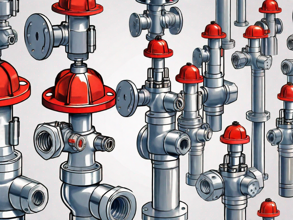 fire safety valves, highlighting their structure and functionality, in a setting that demonstrates their use in preventing or controlling fires, hand-drawn abstract illustration for a company blog, white background, professional, minimalist, clean lines, faded colors