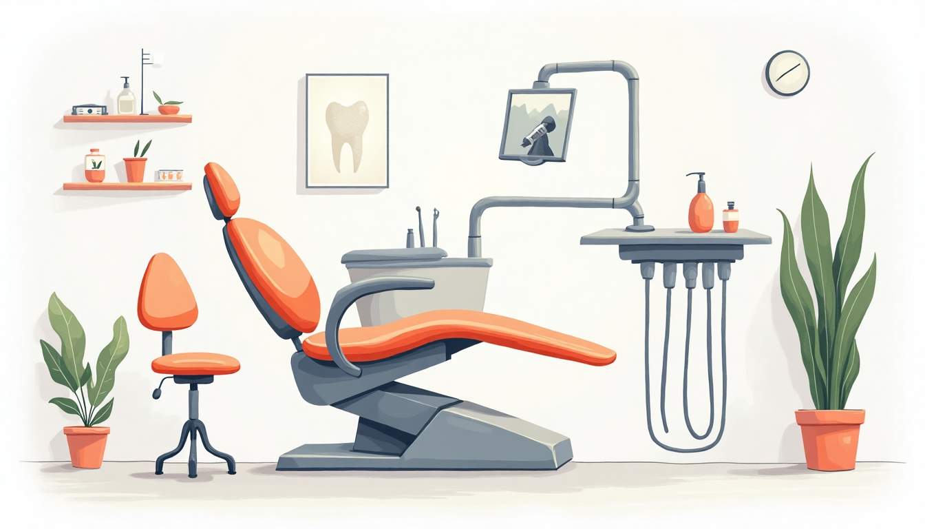 a serene dental clinic environment featuring a modern dental chair, soothing colors, and a gentle depiction of dental tools arranged neatly, emphasizing a calm and welcoming atmosphere for pain-free root canal treatment, hand-drawn abstract illustration for a company blog, white background, professional, minimalist, clean lines, faded colors
