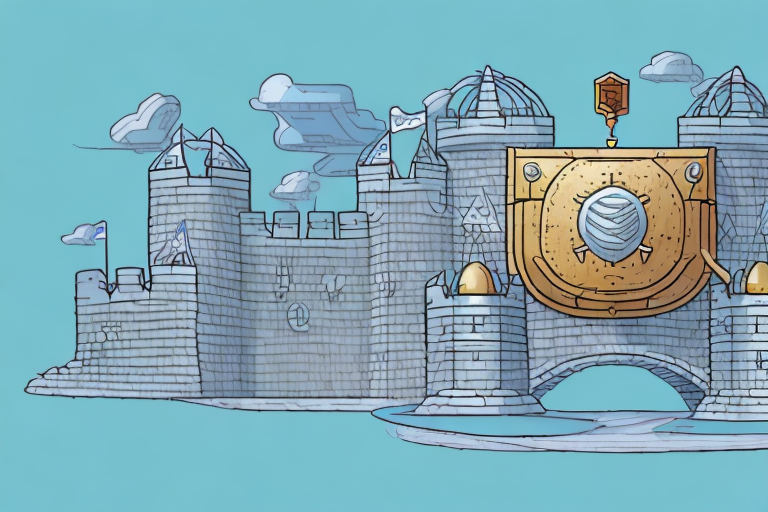 a large, impenetrable fortress (representing top media outlets) with a bridge (representing HARO) leading to a treasure chest (representing high-quality backlinks) inside, hand-drawn abstract illustration for a company blog, in style of corporate memphis, faded colors, white background, professional, minimalist, clean lines