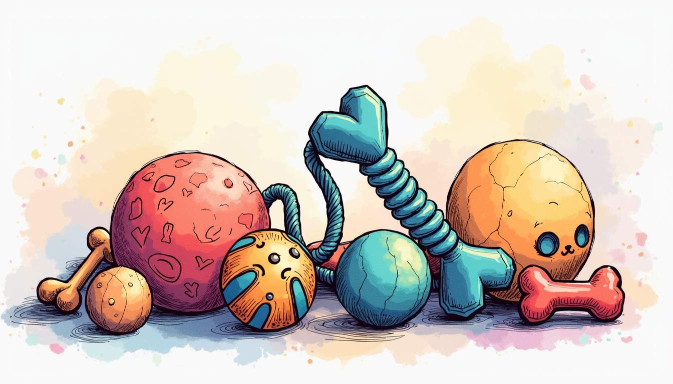 a colorful assortment of stylish dog toys, including a chic rope toy, a plush squeaky bone, a modern rubber ball, and a decorative puzzle toy, all arranged in a playful and inviting manner on a vibrant background, hand-drawn abstract illustration for a company blog, white background, professional, minimalist, clean lines, faded colors