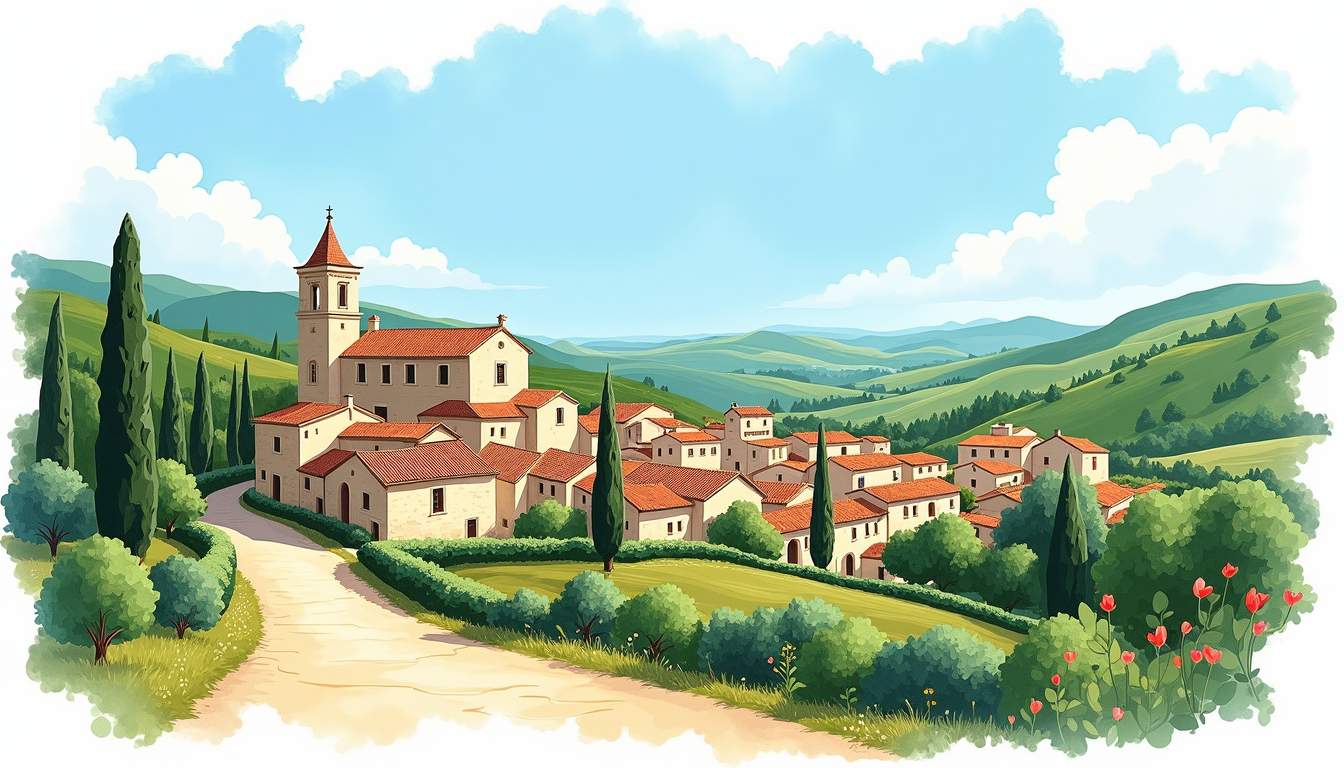 an enchanting Provençal landscape featuring the quaint village of Auribeau-sur-Siagne, with its charming stone buildings, lush greenery, and rolling hills under a vibrant blue sky, capturing the serene beauty and hidden allure of this picturesque destination, hand-drawn abstract illustration for a company blog, white background, professional, minimalist, clean lines, faded colors