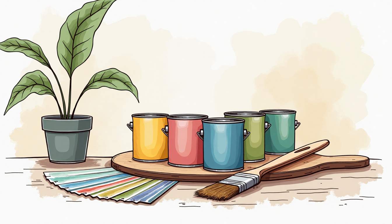 Draw an illustration of various paint cans in different colors and finishes, arranged on a wooden palette, alongside swatches of paint samples and a paintbrush, set against a backdrop of a cozy home interior, hand-drawn abstract illustration for a company blog, white background, professional, minimalist, clean lines, faded colors