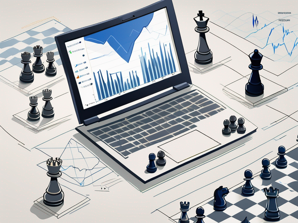 a computer screen displaying the Zillow website with various property prices and graphs indicating economic indicators, surrounded by strategic chess pieces, hand-drawn abstract illustration for a company blog, white background, professional, minimalist, clean lines, faded colors