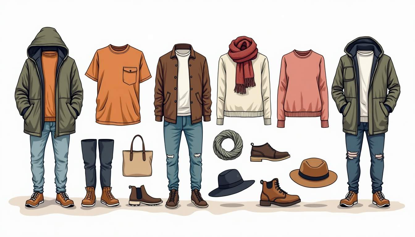a stylish arrangement of layered clothing items, including a lightweight jacket, a cozy sweater, a versatile t-shirt, and various accessories like scarves and hats, all set against a backdrop of casual outdoor settings to evoke a sense of active lifestyle and fashion versatility, hand-drawn abstract illustration for a company blog, white background, professional, minimalist, clean lines, faded colors