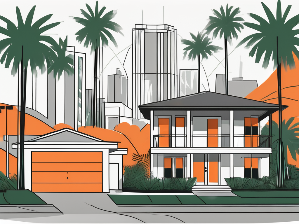 a pristine, professionally cleaned house in Orlando, highlighted by the city's iconic palm trees and orange groves in the background, hand-drawn abstract illustration for a company blog, white background, professional, minimalist, clean lines, forest green and gray